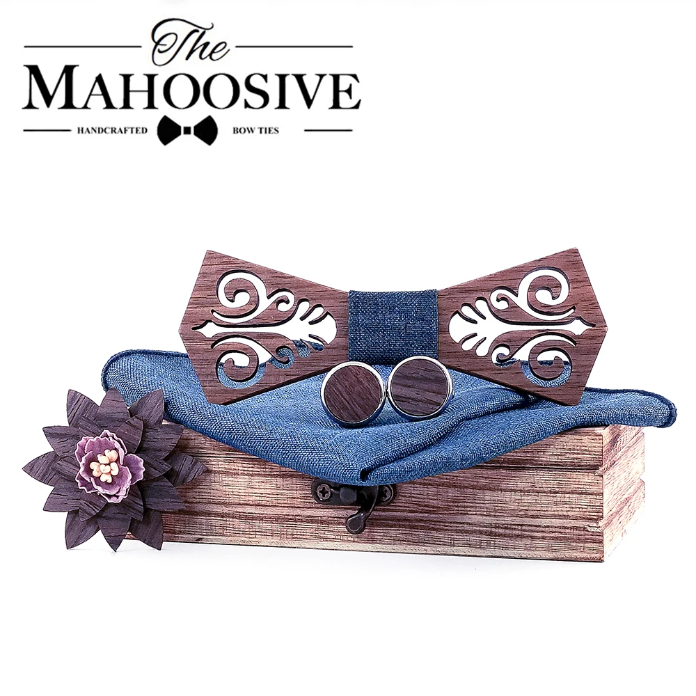 Papillon In Legno Con Cravatta Mahoosive Papion Man Boda Coffret Cadeau Homme Modello Ritagliato Con Gemelli Fazzoletto Blu