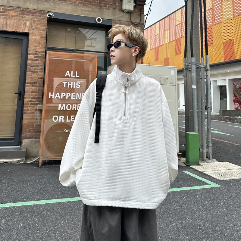 Waffle Plaid Dolcevita Manica Lunga Uomo Felpe Autunno Inverno Mezza Zip Hip Hop Punk Moda Oversize Streetwear Nero Bianco