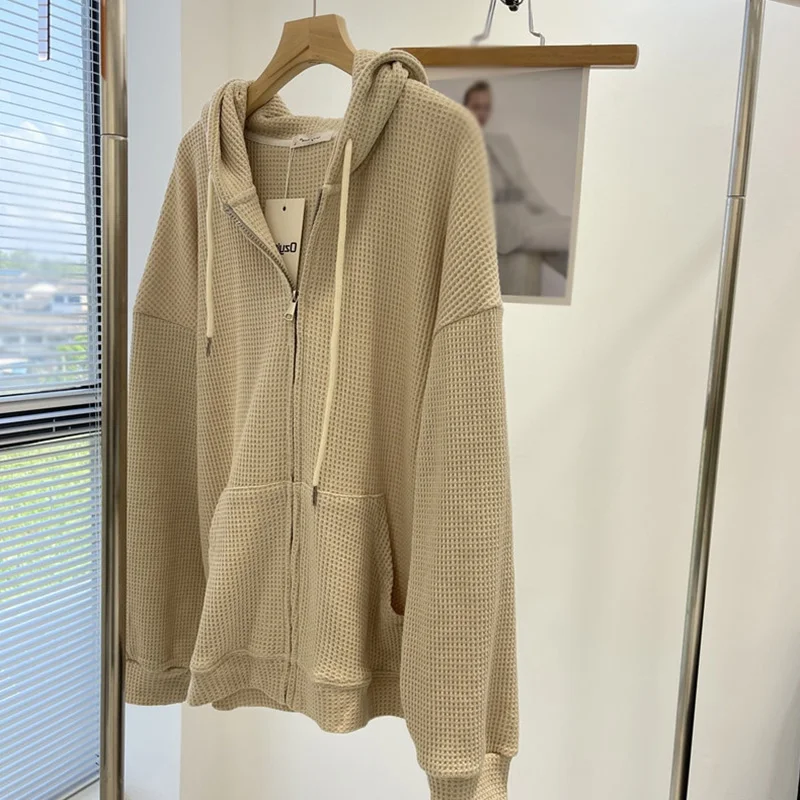 Maglioni Moda Donna Cardigan Autunno E Inverno Termico Antivento Top Waffle Zipper Felpa Con Cappuccio