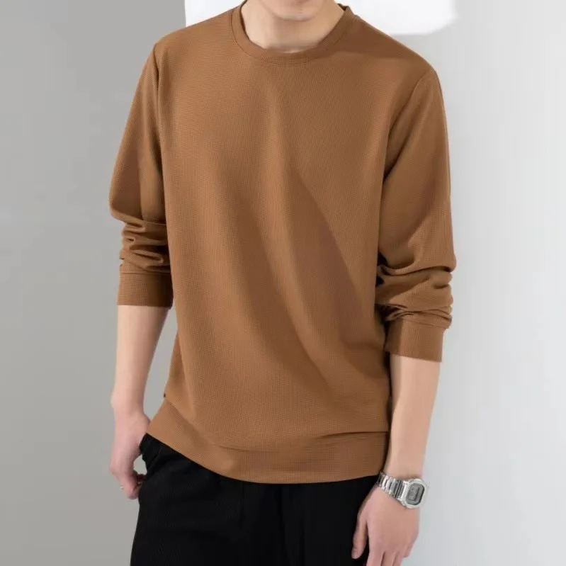 Felpa Waffle Camicia Allentata Da Uomo Girocollo Felpa Con Cappuccio Senza Cappuccio Manica Lunga Pullover Camicia Base Da Uomo Felpa A Quadri