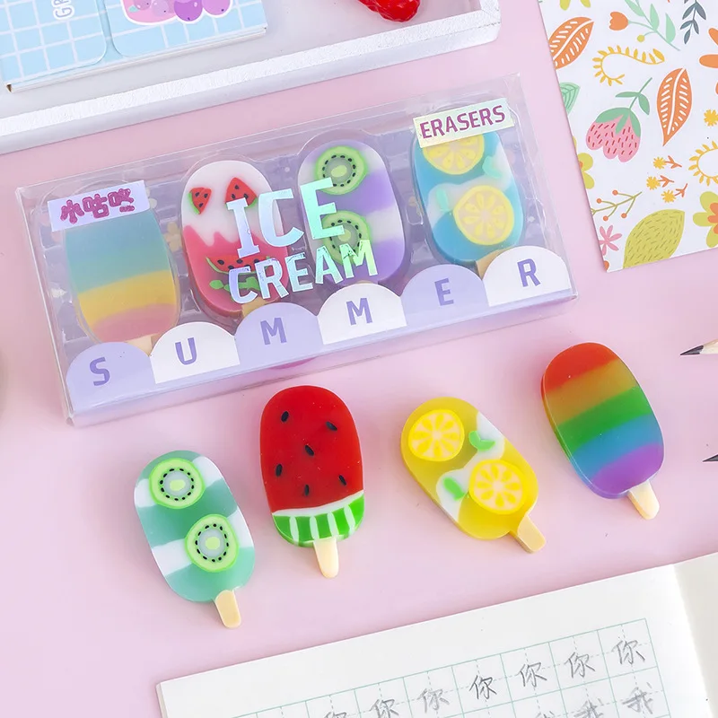 4 Pcs/Pack Kawaii Summer Ice Cream Rubber Eraser Creative Erasers School Supplies Stationery Kids Students Cool Prizes