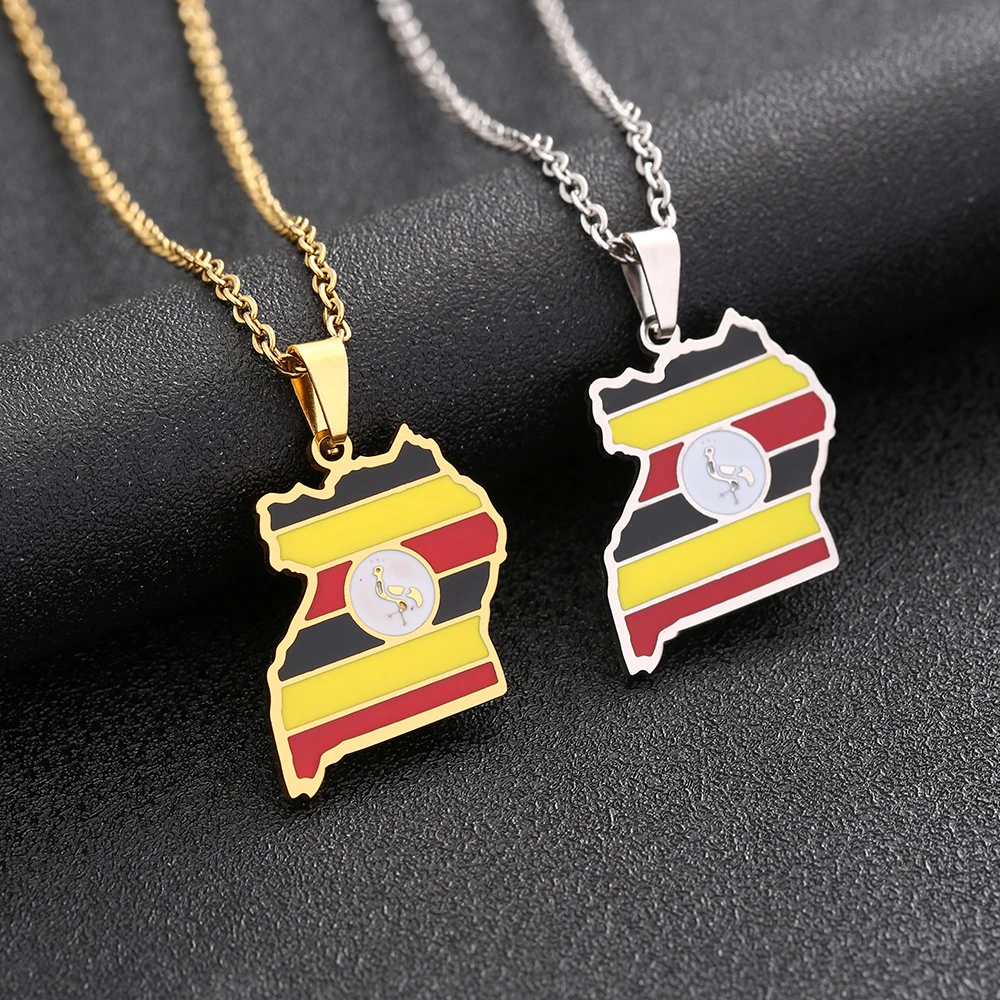 Africa Uganda Mappa Bandiera Collana Con Ciondolo Oro/Argento Colore Acciaio Inossidabile Uganda Uomo Donna Mappe Regalo Gioielli