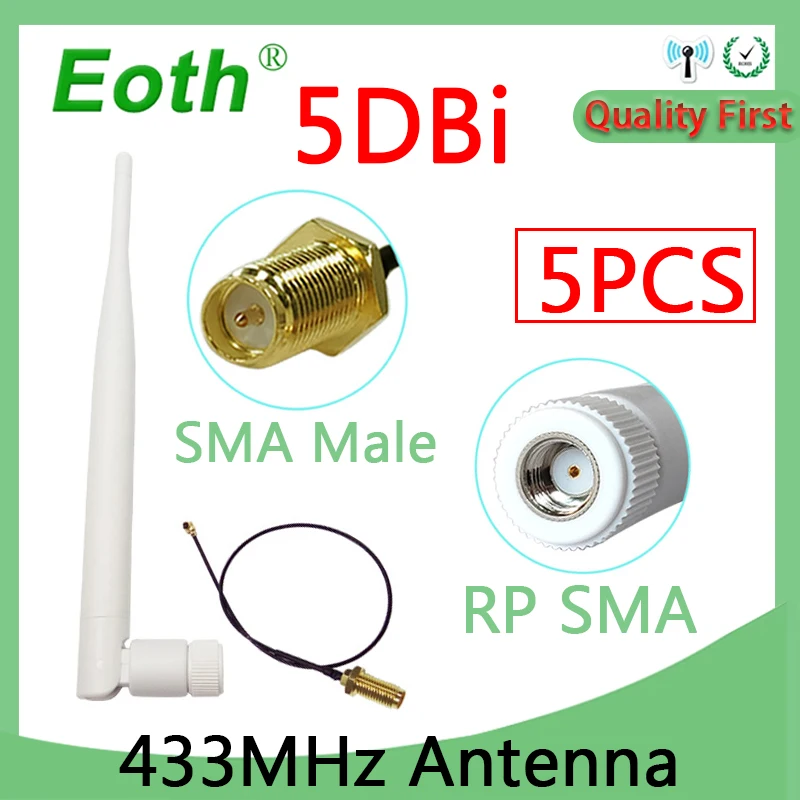 Antenna Lora 5 Pezzi 433 Mhz Connettore 5Dbi Rp-Sma 433 Mhz Iot Bianco Antena 21Cm Sma Sma A Ufl./Ipx Prolunga Cavo A Spirale