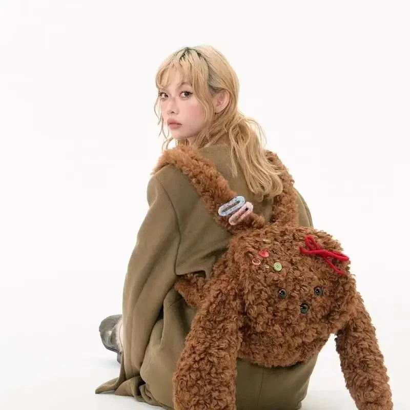 Jiaerdi Harajuku Brown Teddy Dog Zaini Donna Fluffy Plush Kawaii Puppy Design Borse Da Scuola Lady Japan Style Cute Faux Fur Bag