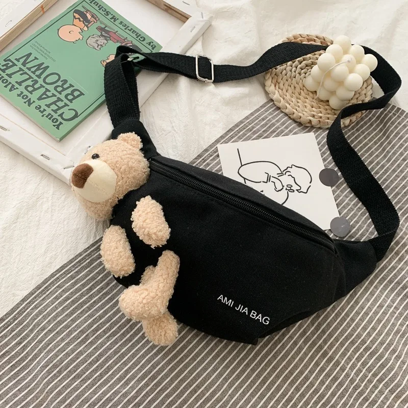 Women Waist Pack Canvas Waist Bag Chest Crossbody Bag Wild Style Zipper Crossbody Teddy Bear For Camping And Hiking