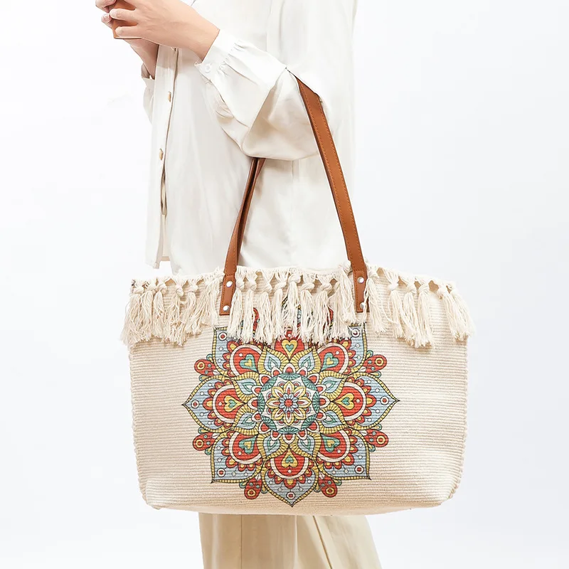 Borsa Da Spiaggia Saint Barth Borsa A Mano Con Nappe Borsa A Tracolla Di Grande Capacità In Tela Di Stile Bohémien