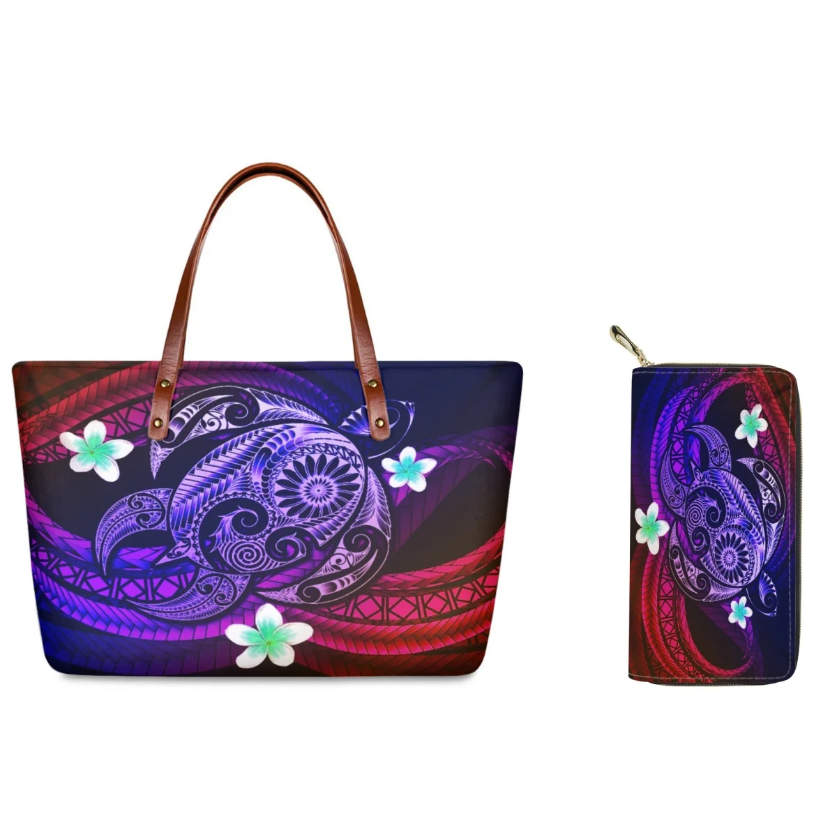 Forudesigns Combinazione Borse Da Donna Cielo Blu Plumeria Durevole Tote Portafoglio In Pelle Creative Graphic Turtle Design Due Pezzi