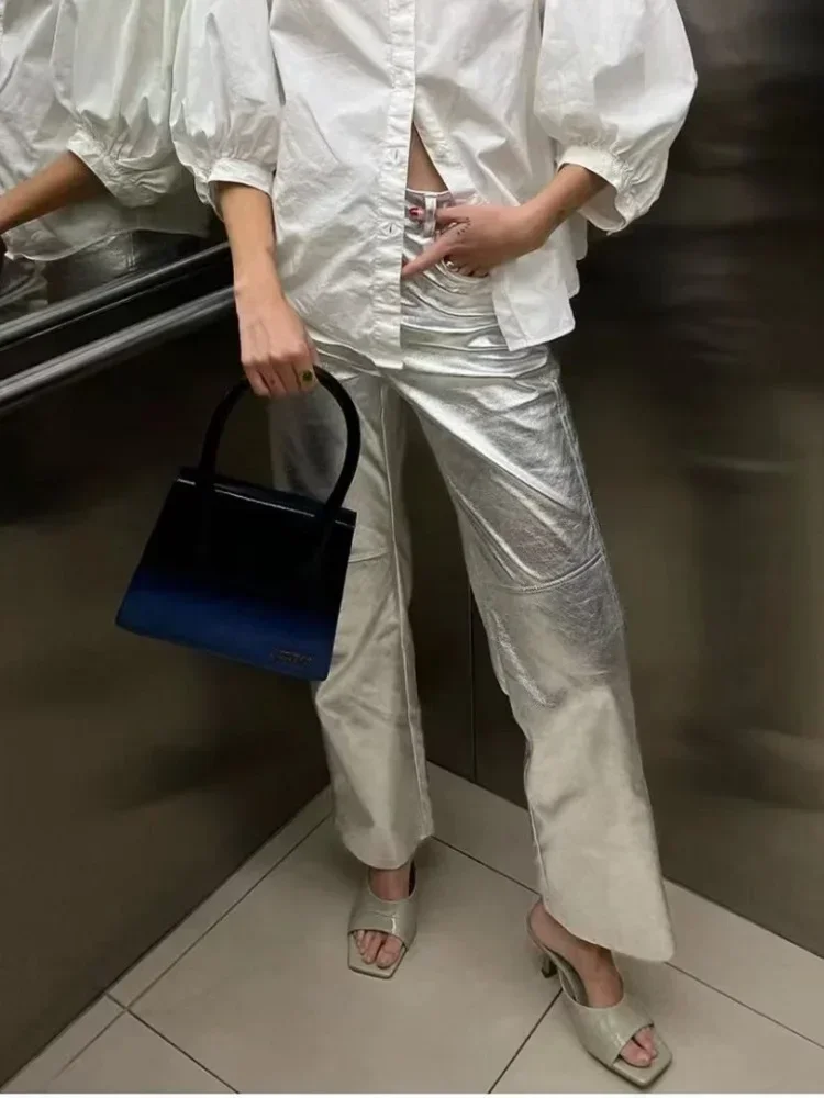 Tangada 2023 Nuove Donne Chic Argento Tuta In Ecopelle Pantaloni Pantaloni Ufficio Signora Pantaloni Eleganti Je53