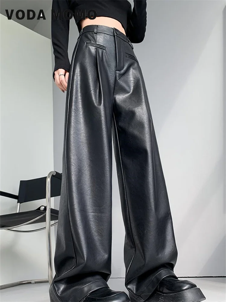 Pantaloni In Pelle Pu Autunno Inverno Pantaloni Dritti In Pu Pantaloni Donna Eleganti Tasche Larghe Pantaloni A Gamba Larga Per Donna Streetwear Allen