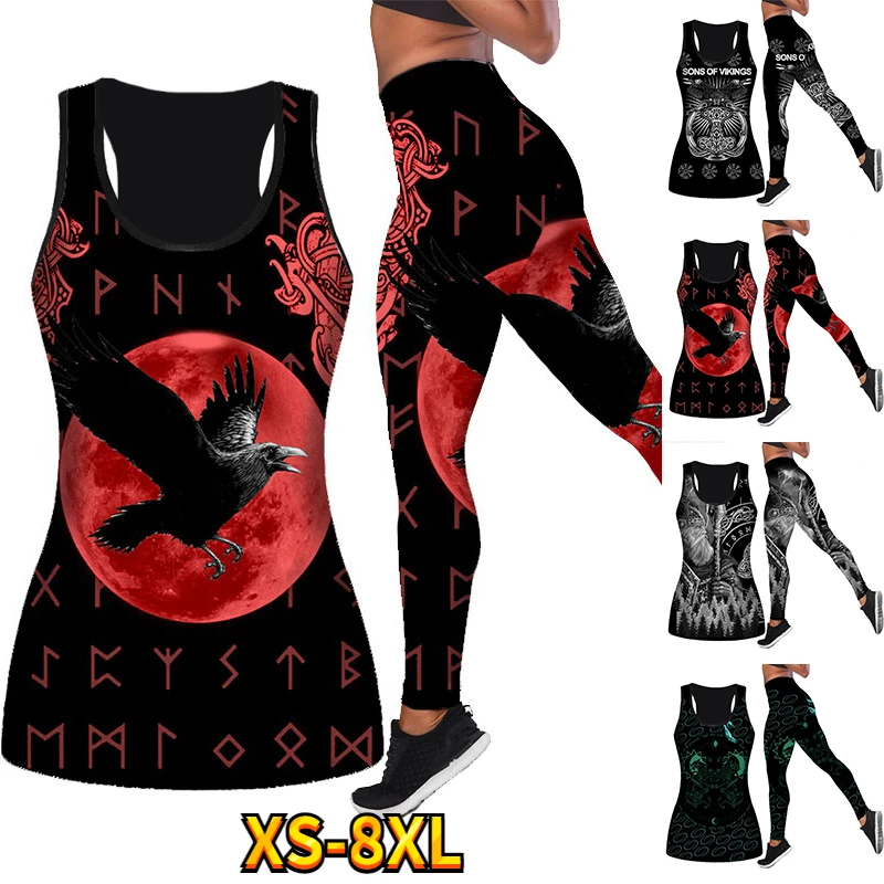 Women Fashion Viking Tattoo Legging Yoga Pants And Hollow Tank Womens Sport Vest Suits Leisure Suit Xs-8Xl