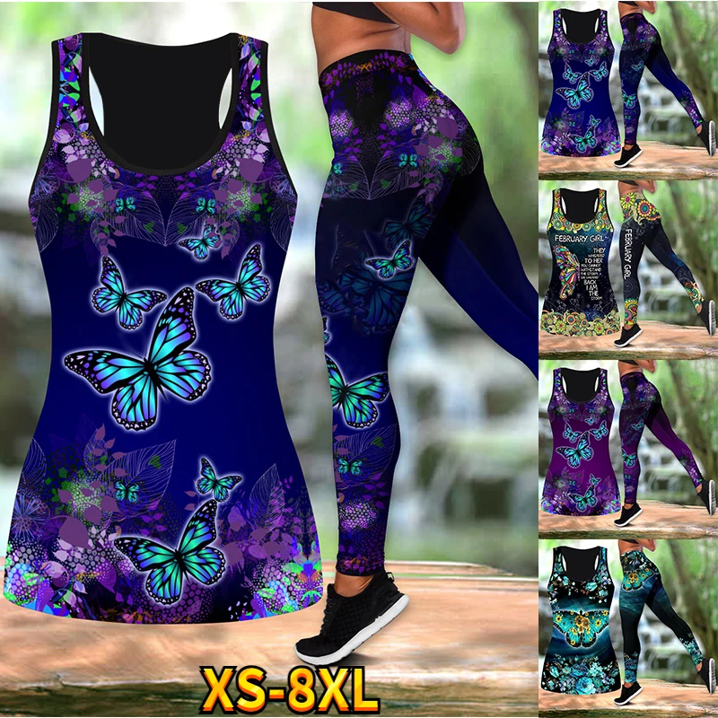 Women Fashion Butterfly 3D Print New Summer Leggings Yoga Pants Hollow Tank Combo Out Vest Tank Tops Suit Xs-8Xl