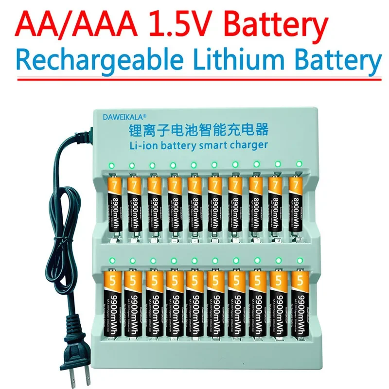 Pile Aa Agli Ioni Di Litio 1.5V, 9900Mwh, Ricaricabile, Pour Televencommande, Souris, Petit Ventilateur, Jouet Electrique + Spedizione Gratuita