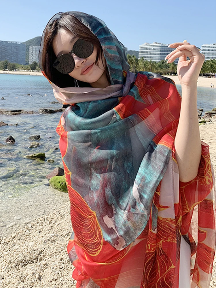 Beach Women Silk Scarf Shawls Wild Sun Protection Mesh Print Perspective Tulle Thin Vacation Female Wrap Sunscreen Bandana Hijab