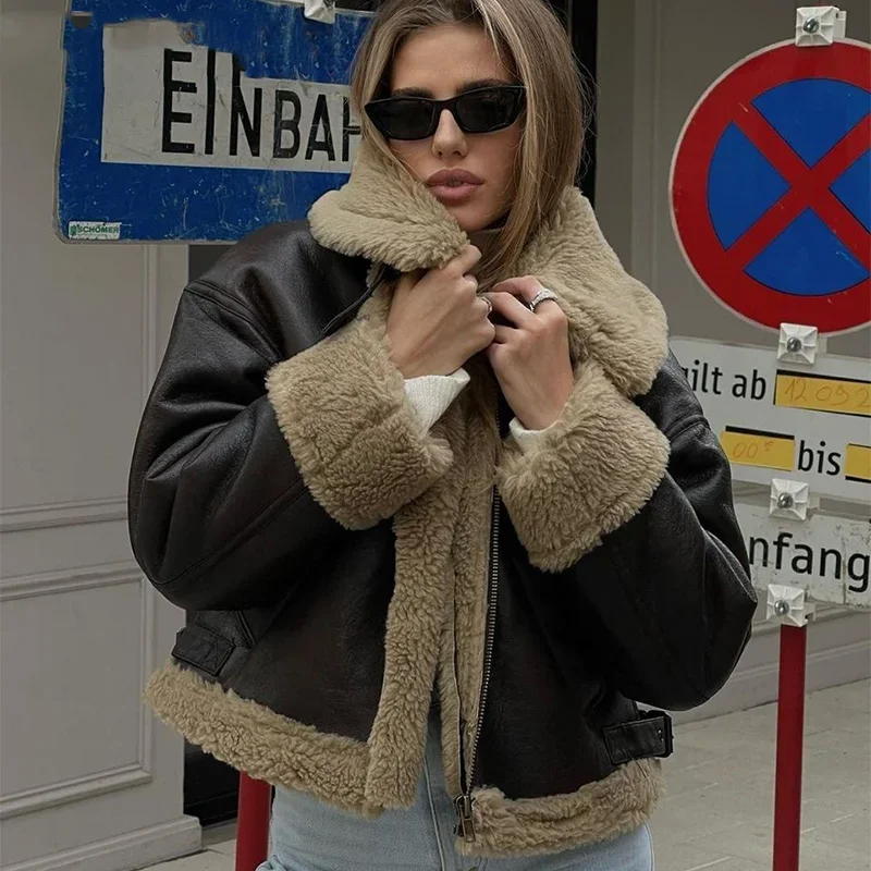 Anni '90 Vintage Fashion Girls Brown Faux Leather Shearling Jacket Coat Donna 2023 Winter Addensare Warm Fur Fodera Soprabiti Capispalla