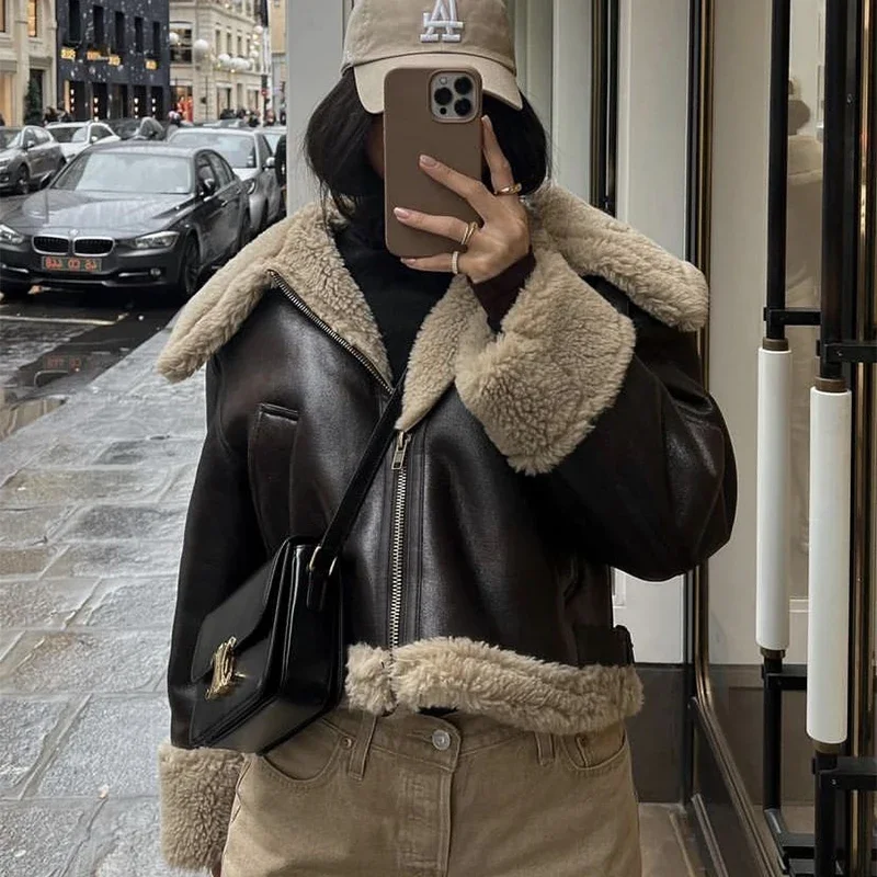 Anni '90 Vintage Fashion Girls Brown Faux Leather Shearling Jacket Coat Donna Winter Addensare Warm Fur Fodera Soprabiti Capispalla