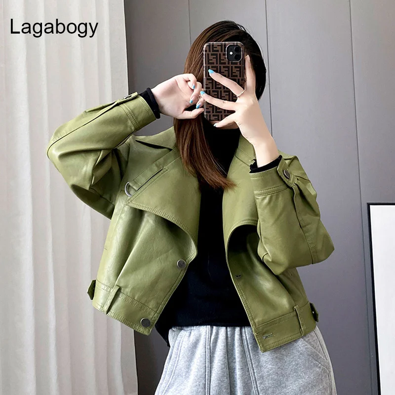 Leather Lagabogy New Spring Autumn Women Pu Jacket Cappotto Stile Vintage Giacca Da Motociclista Da Donna Corta Allentata Verde Militare Outwear