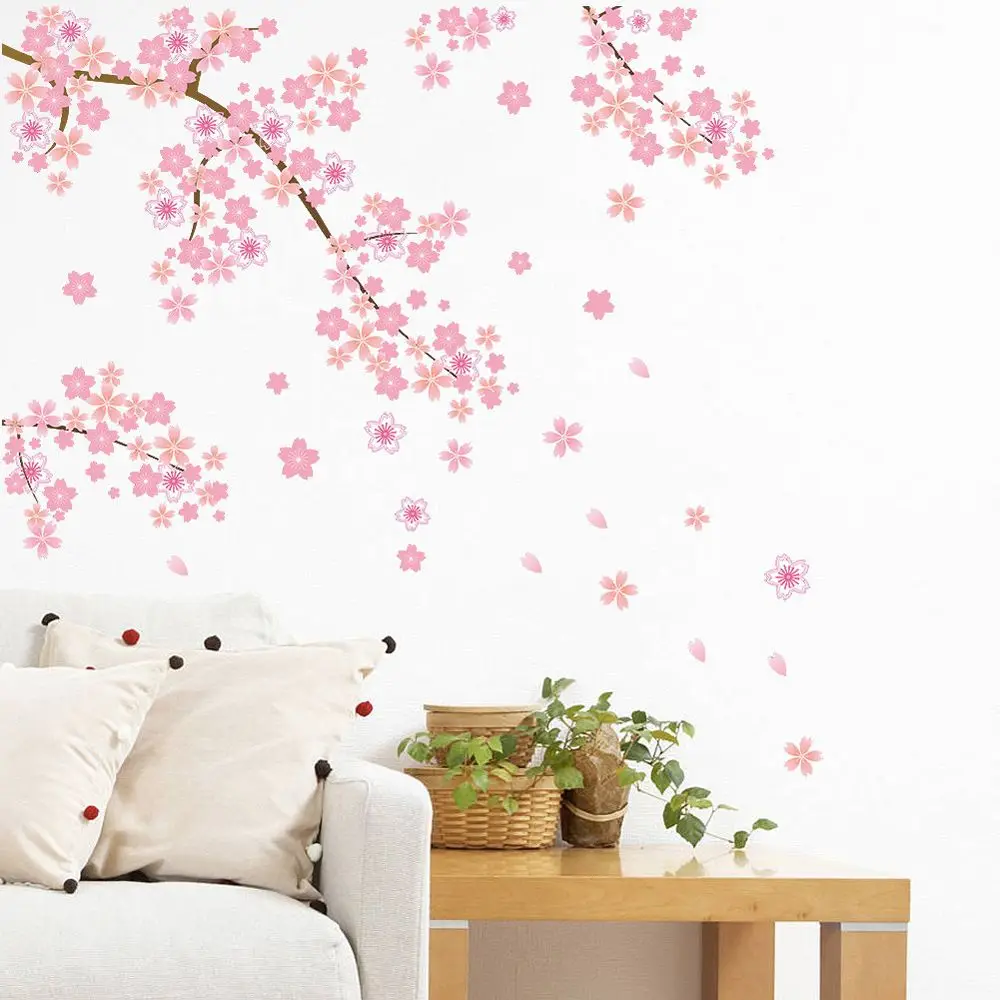 Pink Cherry Blossom Wall Stickers Bella Fiore Ramo Di Un Albero Decalcomanie Di Arte Murale Smontabile Fai Da Te Divano Sfondo Camera Decorazione