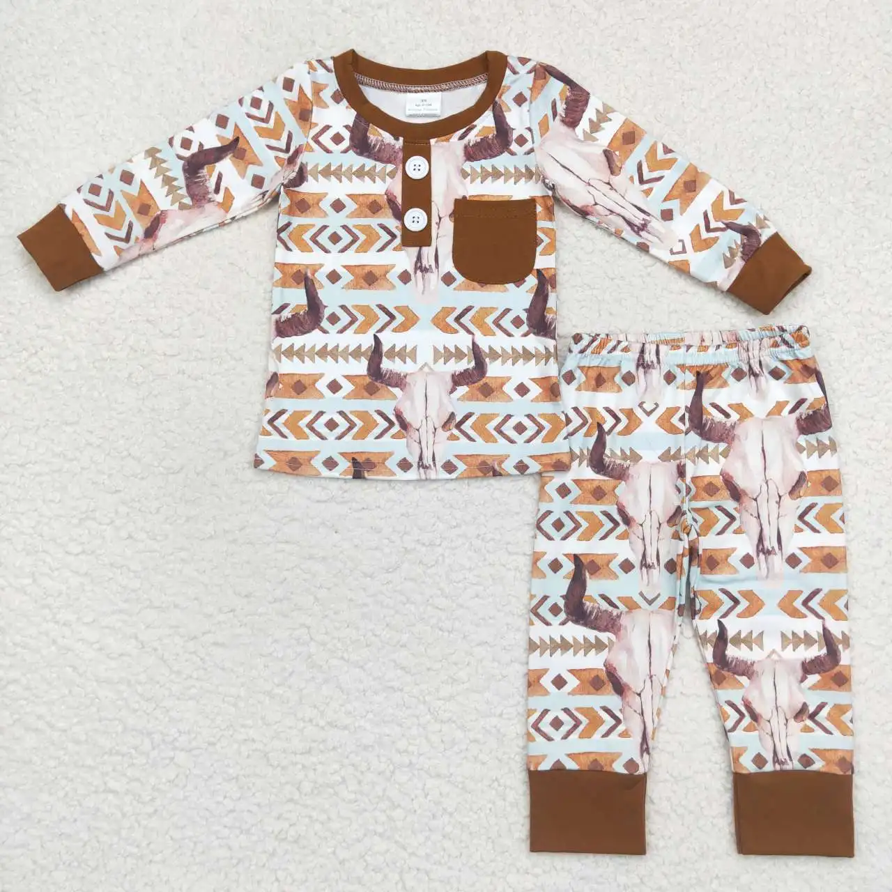 Abbigliamento Per Bambini All'Ingrosso Alpine Bull Head Arrow Geometry Pocket Pantaloni A Maniche Lunghe Marroni Pigiama Outfit Vestiti Per Neonati