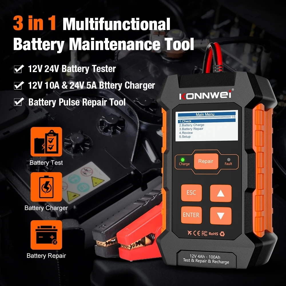 Tester Per Batterie Per Auto 3 In 1 Strumenti Per Tester Kw520 Per 12V /10A 24V 5A Tester Per Batterie Per Camion Per Auto Auto Strumento Di Riparazio