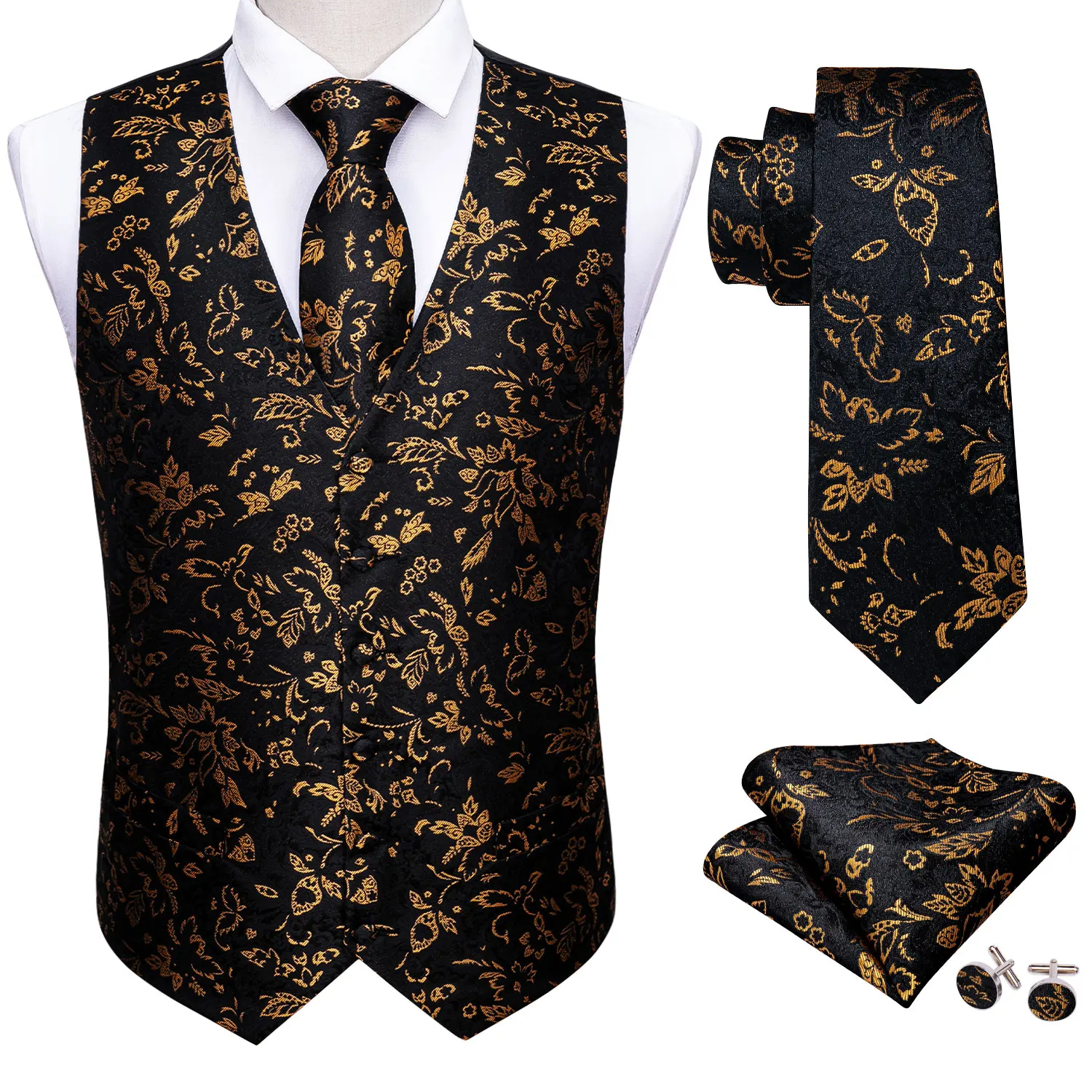 Gold Mens Luxury Brocade Black Floral Suit Vest Set Silk Tie Gilet Set Abbigliamento Uomo Barry.Wang Fashion Designer M-2037