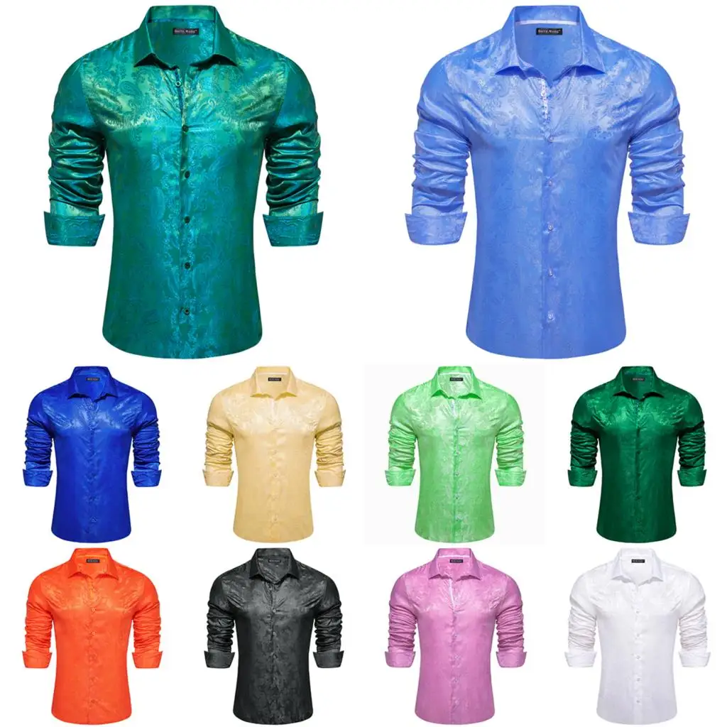 Camicie Firmate Per Uomo Seta Ricamata Seta Blu Verde Oro Bianco Nero Paisley Camicette Maschili A Maniche Lunghe Top Barry Wang