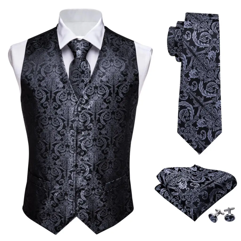 Designer Mens Classic Black Paisley Jacquard Folral Gilet Di Seta Gilet Fazzoletto Cravatta Gilet Tuta Tasca Quadrata Set Barry.Wang