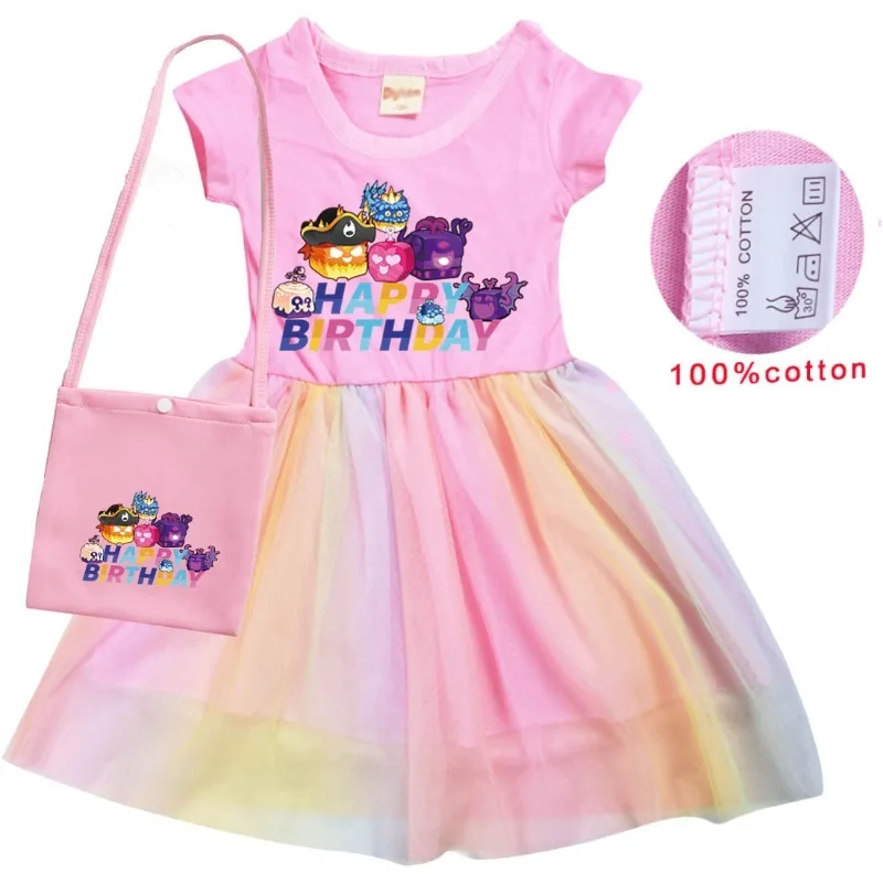 Bloxing Fruits Kids Summer Girls Dress Neonate Cute Lace Princess Dress Toddler Girls Birthday Party Dresses + Free Bag