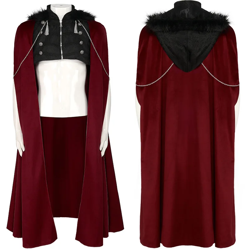 Mantello Medievale Mantello Abito Lungo Costume Gothic Punk Hood Outfit Uomo Morte Vampire Dark Costume Cavaliere Guerriero Cosplay Per Adulto
