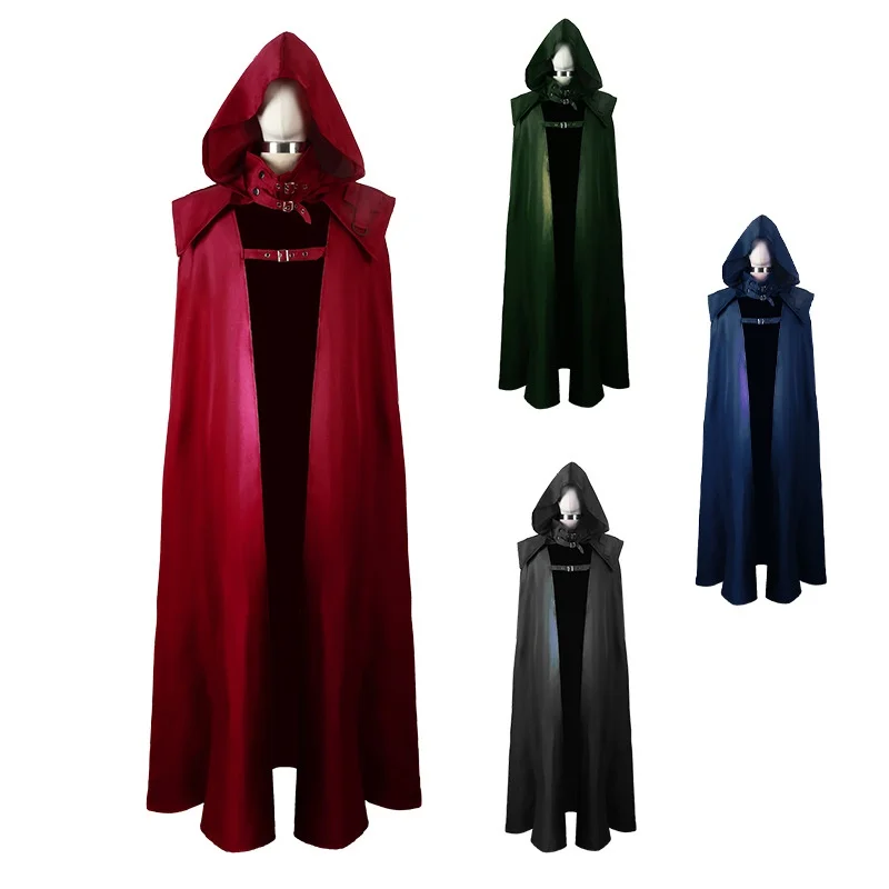 Mantello Medievale Mantello Abito Lungo Costume Gothic Punk Hood Outfit Uomo Morte Vampire Dark Costume Cavaliere Guerriero Cosplay Per Adulto