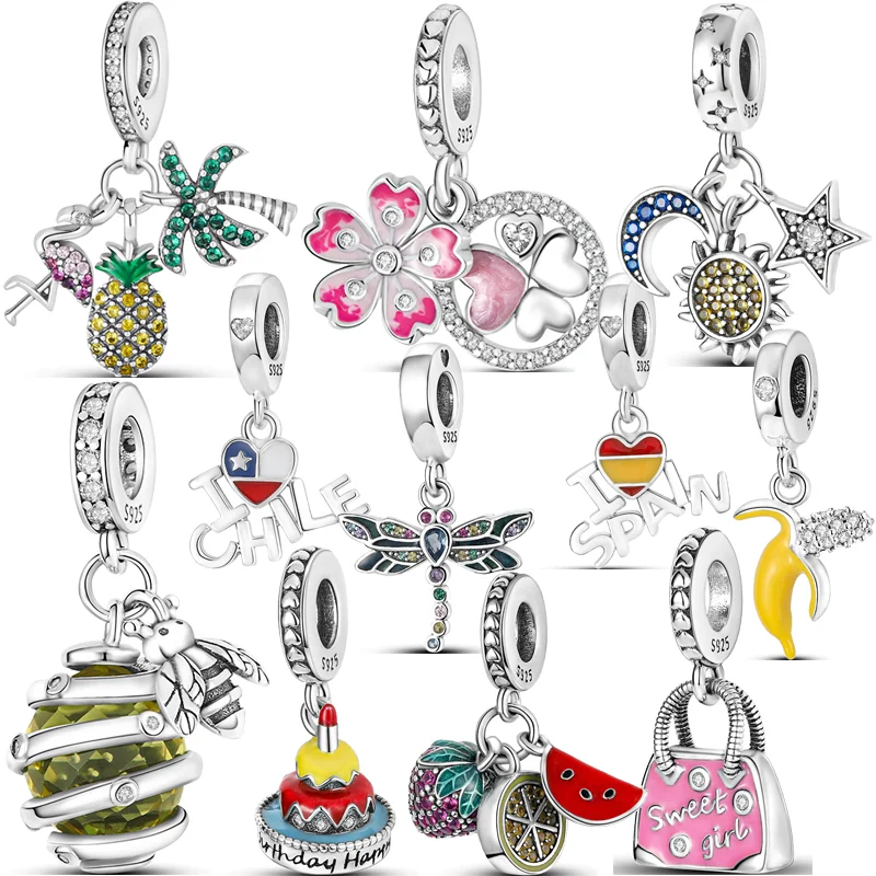 Fit Originale Pandora Charms Bracciale Perline Gioielli Nuovo 925 Argento Stella Sole Luna Fragola Anguria Limone Fenicottero Ape Ciondolo