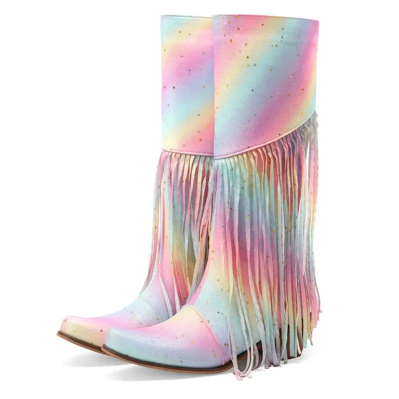 Bright Colorful Rainbow Design Party Pink Women Chunky Heels Shoes Mid-Calf Western Cowboy Glitter Boots Con Frange Nappe