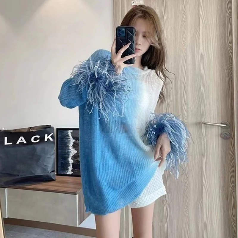 Primavera Autunno Faux Capelli Di Struzzo Arcobaleno Gradiente Blu Maglione Donna Manica Lunga Lavorato A Maglia 3D Piuma Pullover Maglieria Maglioni 