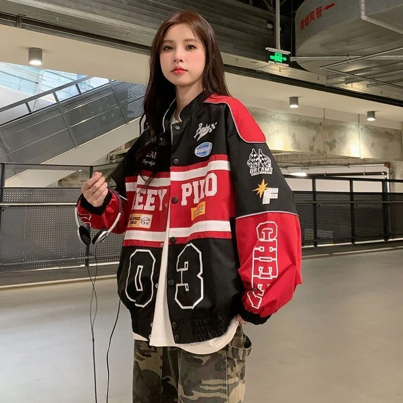 2023 Y2K Red White Bomber F1 Jacket Donna Uomo Biker Racer Jacket Retro Hip Hop Grunge Clothes Trend Giacca A Vento Oversize Varsity