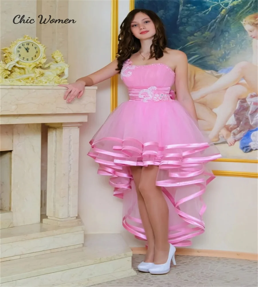 Hi Low Pink Homcoming Dress Con Perline Classic Tiered Ruffles Short Prom Dress 2023 Cute Formal Cocktail Party Dress Con Fiocco