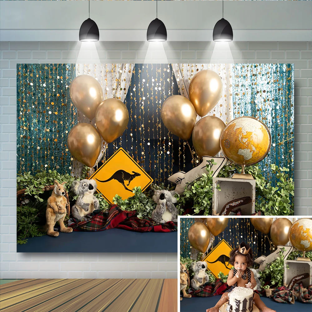 Animali Sfondo Kangaroo Koala Cake Smash Photography 1St Birthday Party Puntelli Palloncini Dorati Australian Adventure Photostudio