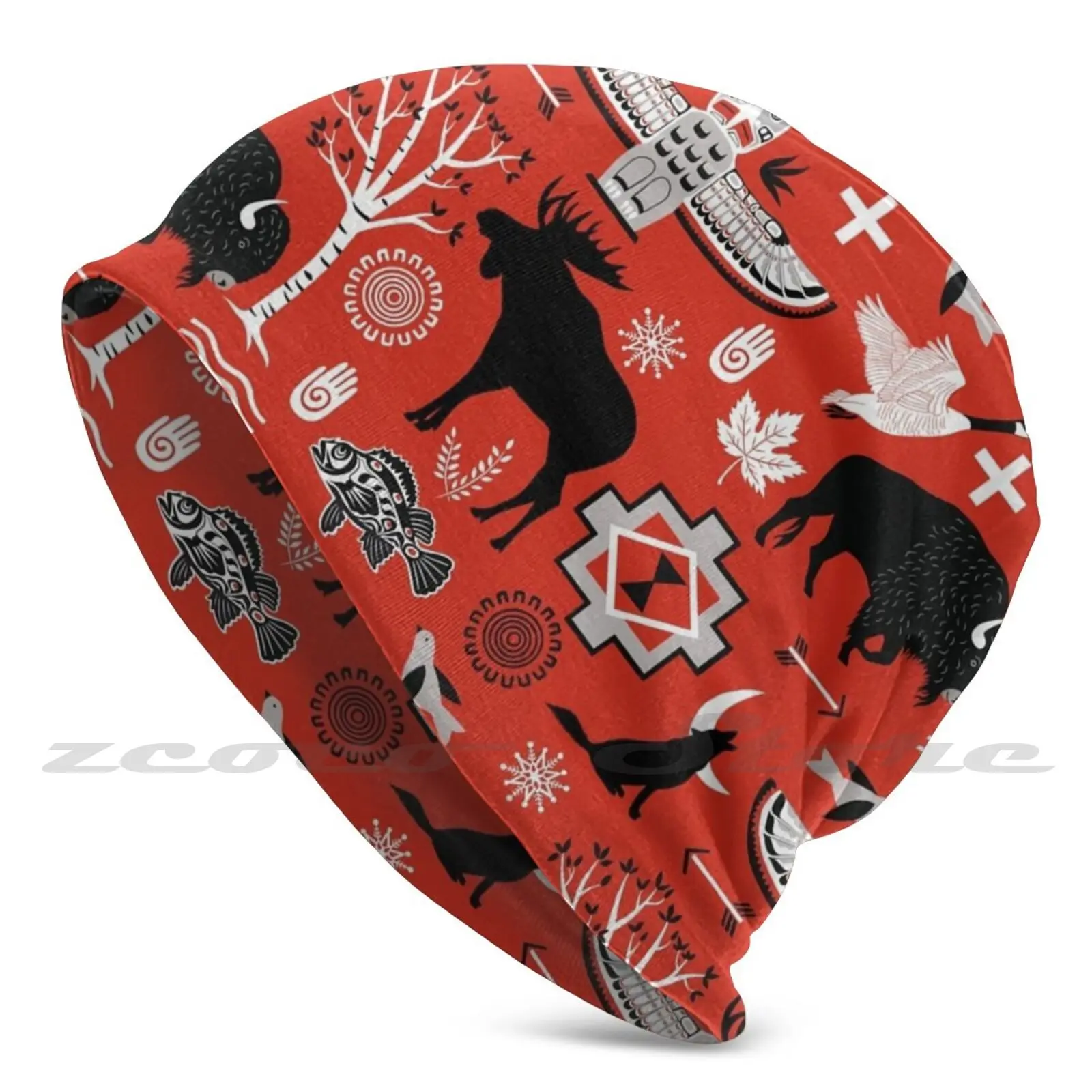 Cappelli Lavorati A Maglia Con Motivo Personalizzato Di Spiriti Sacri Plus Size Berretto Morbido Elastico Tribale Totem Nativo Oche Pesce Alce Di Bufa