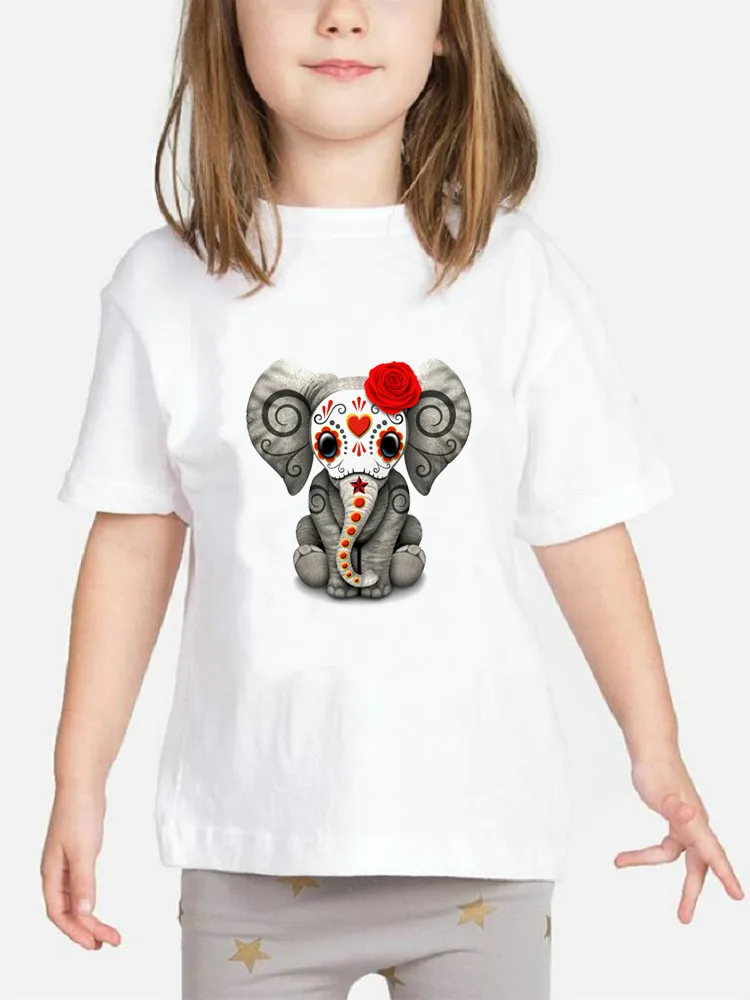 Red Day Of The Dead Sugar Skull Baby Elephant T-Shirt Per Bambini Fashion Girls T Shirt Funny Children Top Clothes 2-8Y