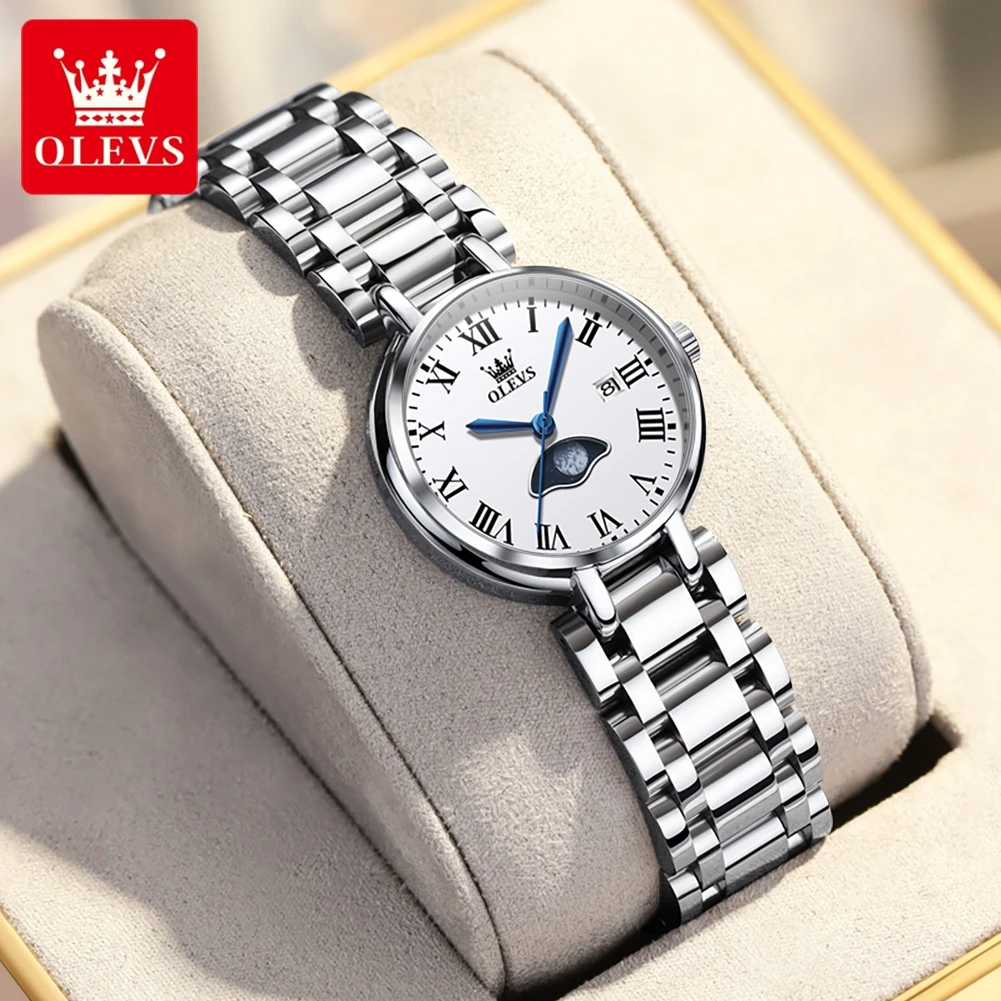 Olevs Brand Luxury Moon Phase Orologio Al Quarzo Per Donna Cinturino In Acciaio Inossidabile Impermeabile Fashion Date Women Dress Orologio Da Polso