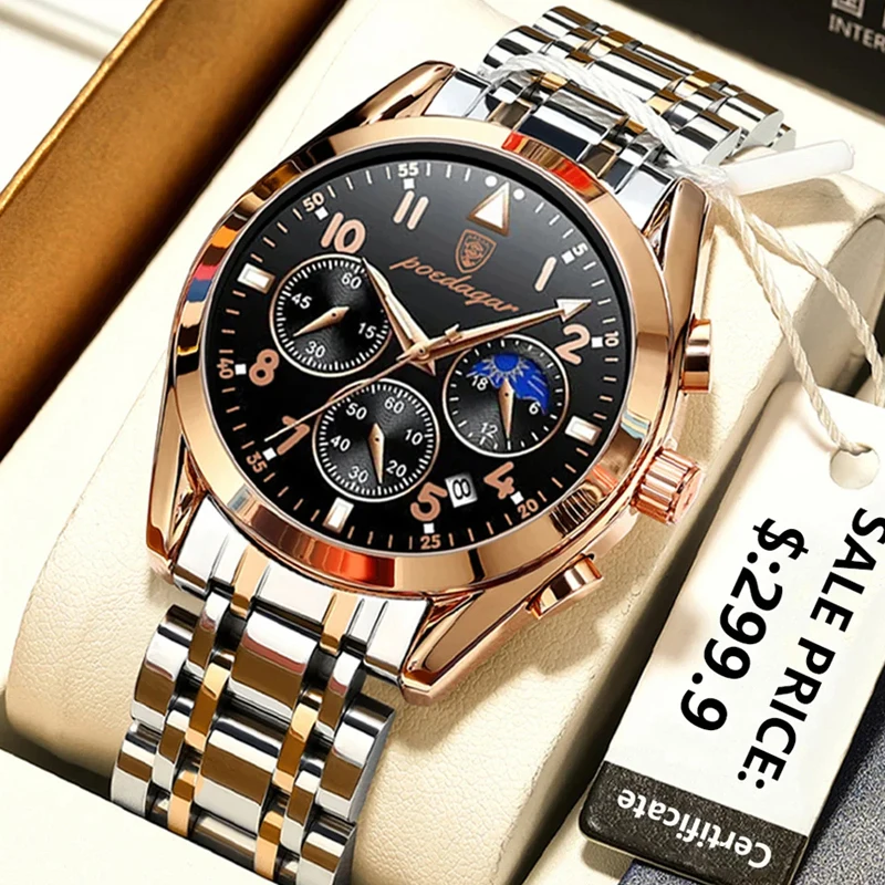 Orologio Al Quarzo Con Fasi Lunari Di Lusso Di Marca Poedagar Per Uomo Cinturino In Acciaio Inossidabile Cronografo Sportivo Luminoso Impermeabile Oro