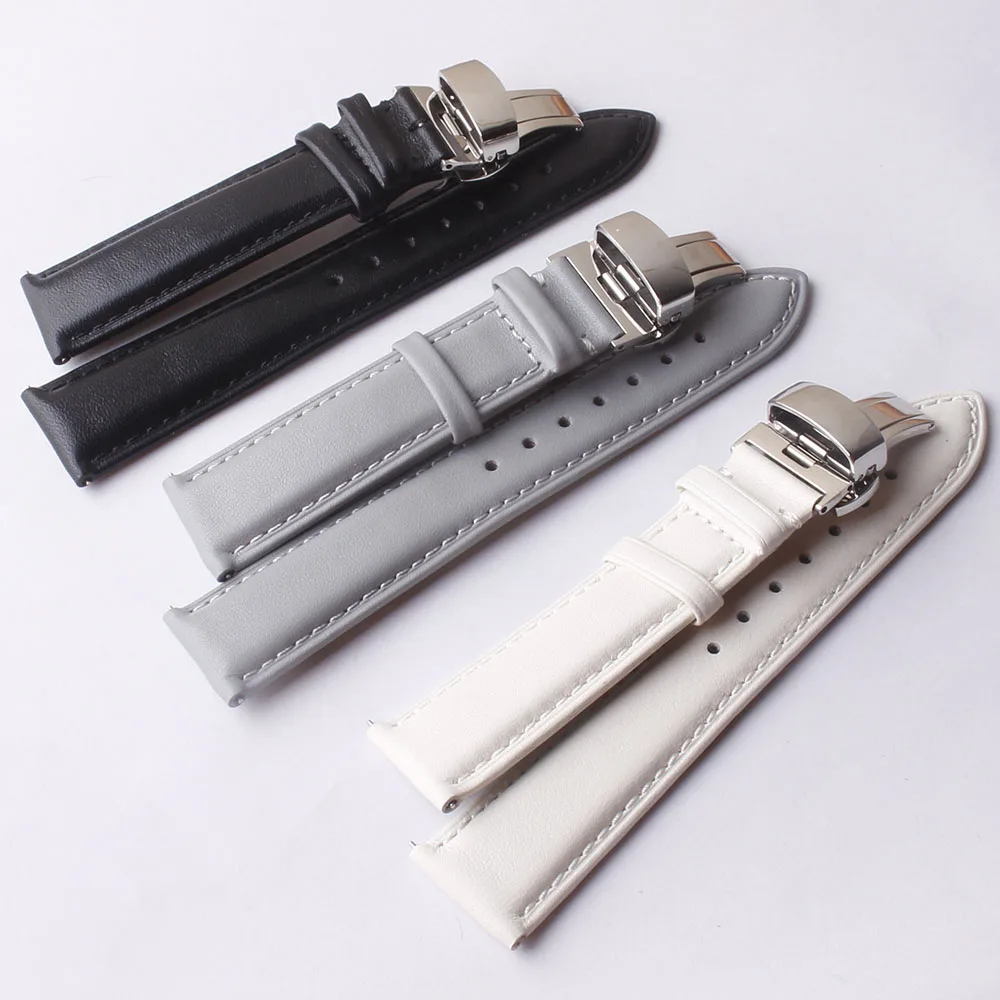 Cinturino In Vera Pelle Fit Omega Tissot Rolex Mens White Grey Watch Strap Bracciale 18Mm 19Mm 20Mm Fibbia Pieghevole Dispiegamenti
