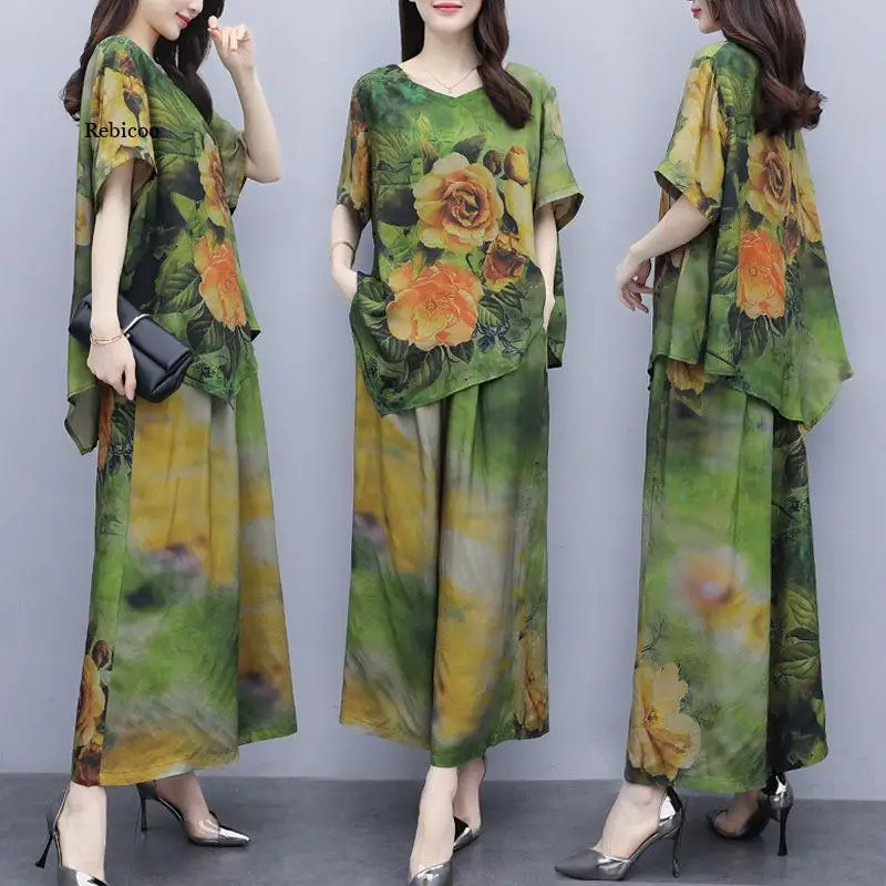 Summer Green Ice Silk Printed 2 Piece Sets Women  5Xl O-Neck Top   Wide Leg Pants Suits Korean Womens Set Femme