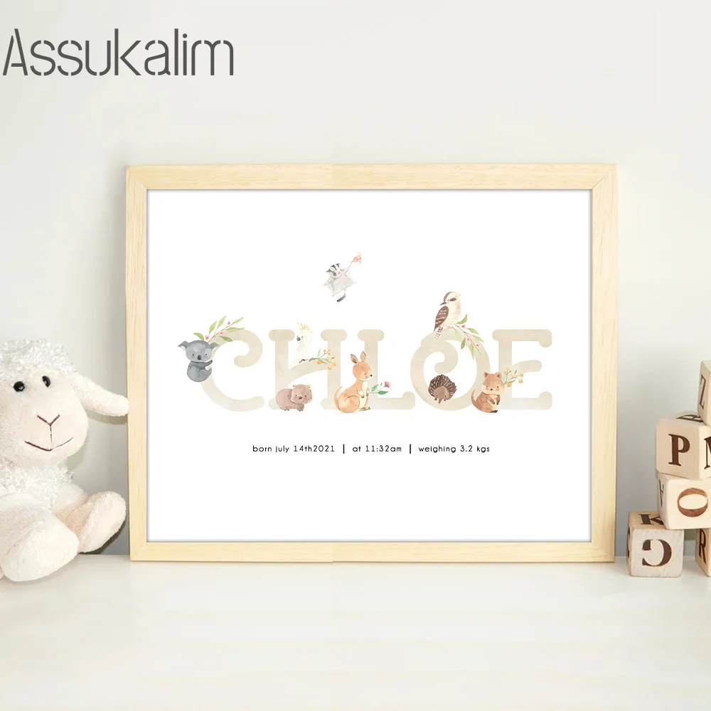 Nome Personalizzato Wall Art Bebi Born Present Jungle Animal Art Prints Regalo Per Baby Flower Leaf Print Pictures Baby Kids Room Decor