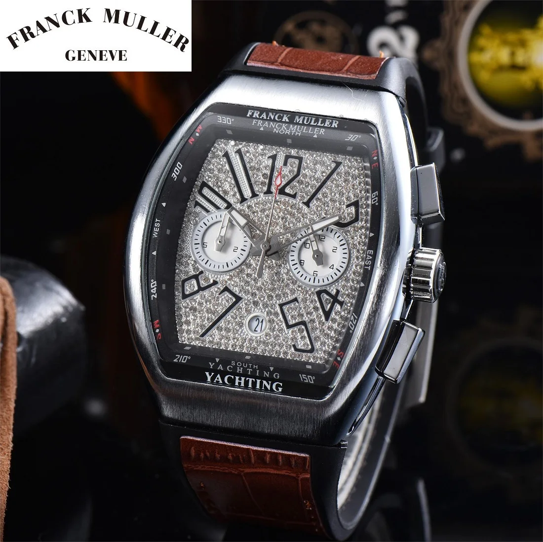 Franck Muller Fashion Mens Orologi Luxury Silver Diamond Quartz Orologio Da Polso Uomo Business Watch For Men Tonneau Clock Reloj Hombre