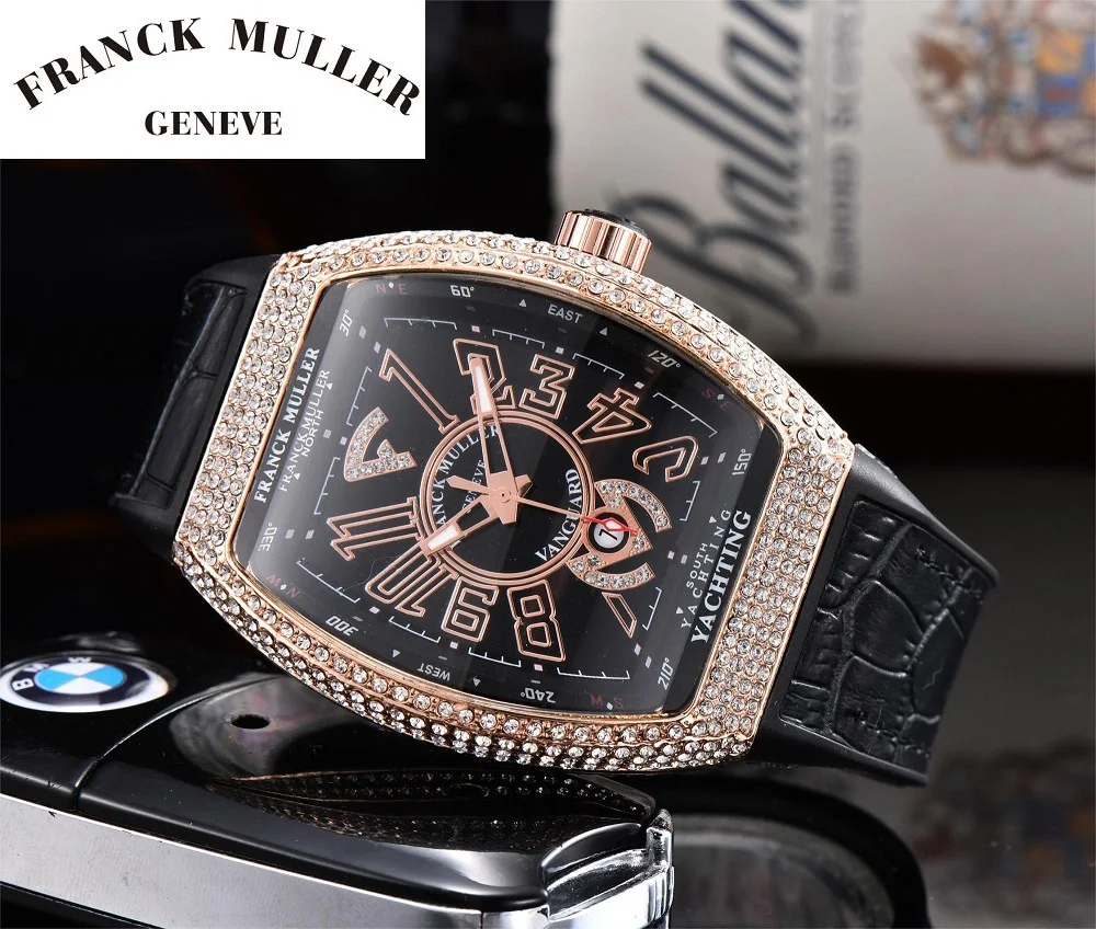 Franck Muller Orologi Mens Luxury Tonneau Diamond Leather Quartz Men Watch Man Business Clock Cronografo Impermeabile Sportivo Maschile