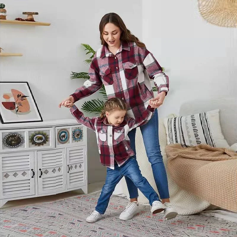 Plaid Madre Figlia Abbinamenti Camicette Famiglia Set Manica Lunga Mamma E Me Vestiti Autunno Mamma Bambino Donna Ragazze T-Shirt Abiti