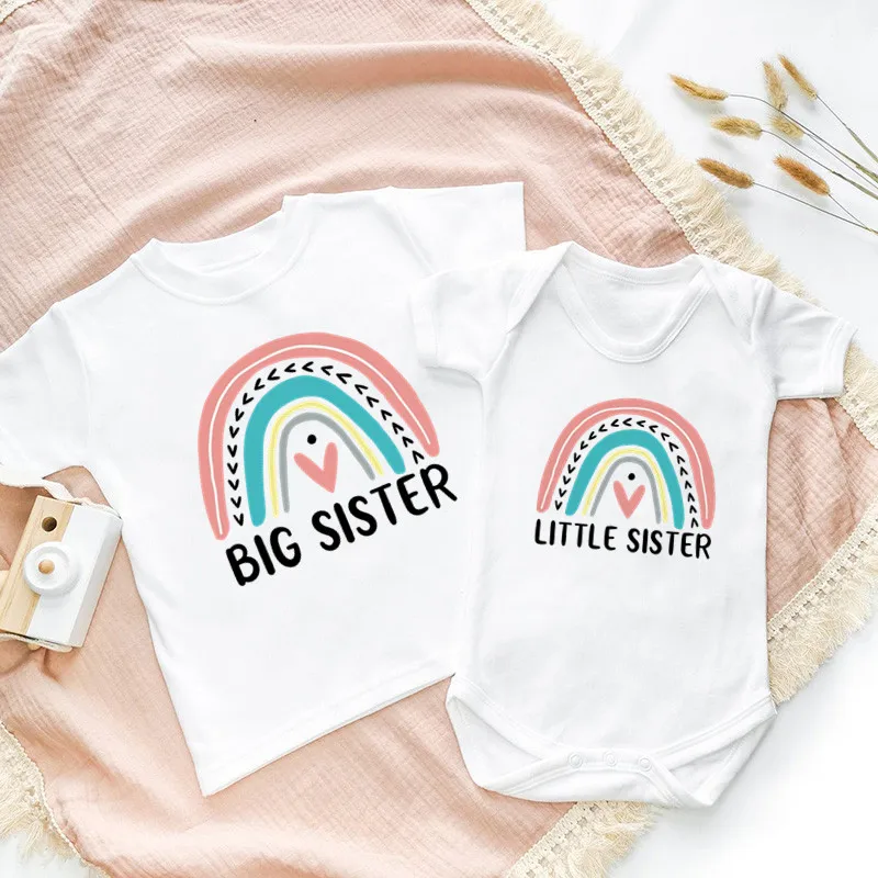 Big Sister Little Sister Siling Family Matching Outfits Cute Rainbow Kids T Shirt Baby Body Tuta Funny Girls Clothes