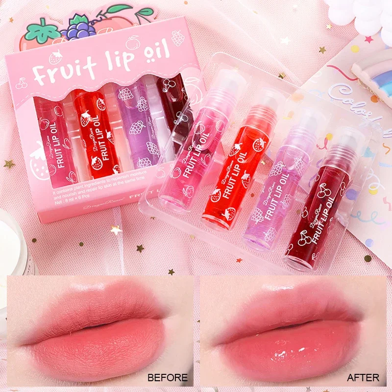 4 Pezzi Pesca Fragola Frutta Roll-On Balsamo Per Le Labbra Set Trucco Idratante Chiaro Ciliegia Uva Trasparente Olio Per Labbra Idratante Lucidalabbra