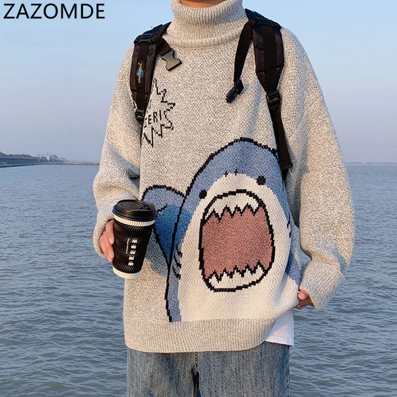Zazomde Uomo Dolcevita Squalo Maglione Uomo 2023 Inverno Patchwor Harajuku Stile Coreano Collo Alto Oversize Grigio Dolcevita Per Uomo