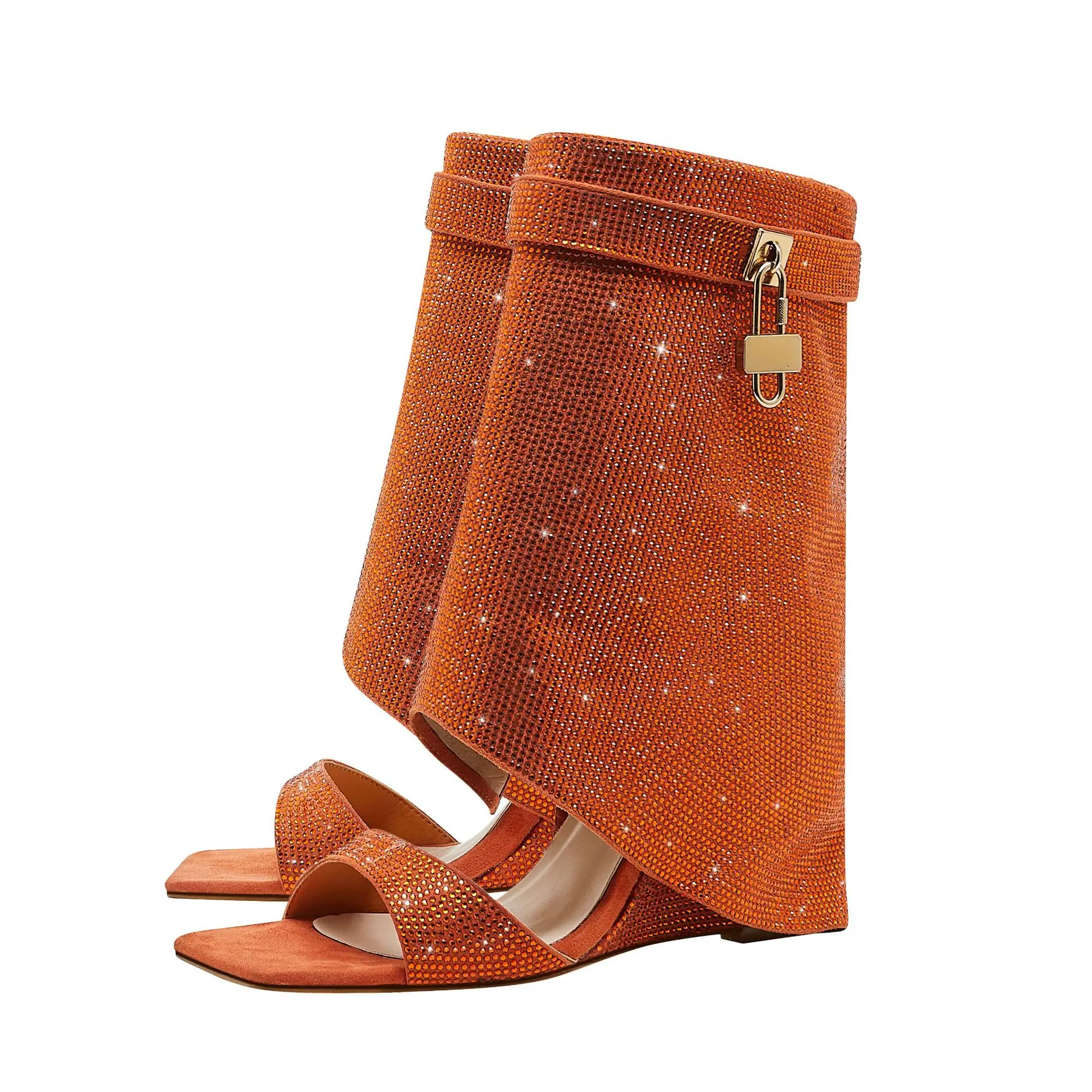 Strass Estivi Donna Shark Lock Mid Boots Open Square Toe Scintillanti Tacchi Alti Scarpe Moda Donna Zeppe Party Botas