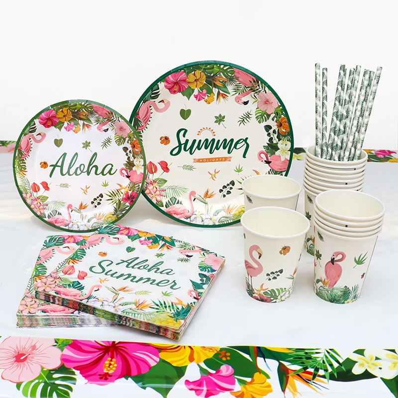 Aloha Summer Flamingo Party Decoration Tropical Palm Banner Balloons Plates Jungle Safari Birthday Hawaiian Wedding Table Decor